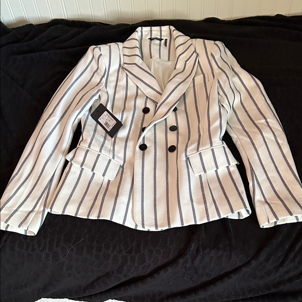 Marciano Black and White Striped Double Breasted Blazer